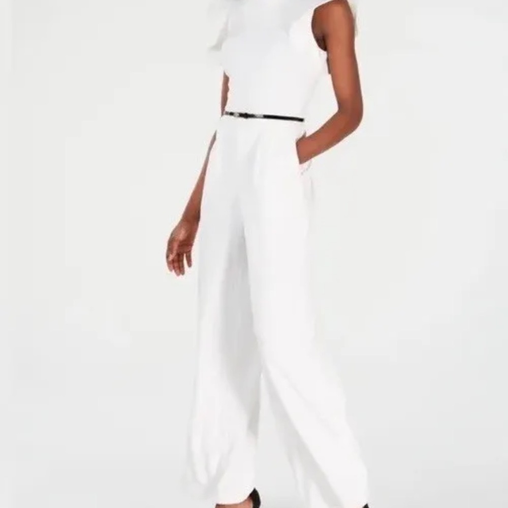 CALVIN KLEIN Womens White Cap Sleeve Evening Wide Leg Jumpsuit 14 No belt no tag